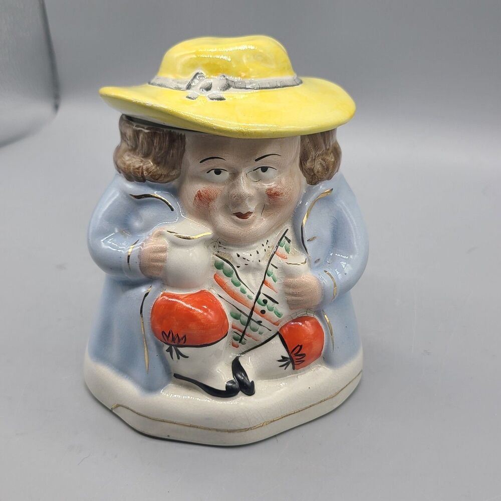 Antique Staffordshire Toby Style Tobacco Jar with Lid Yellow Hat Blue Coat